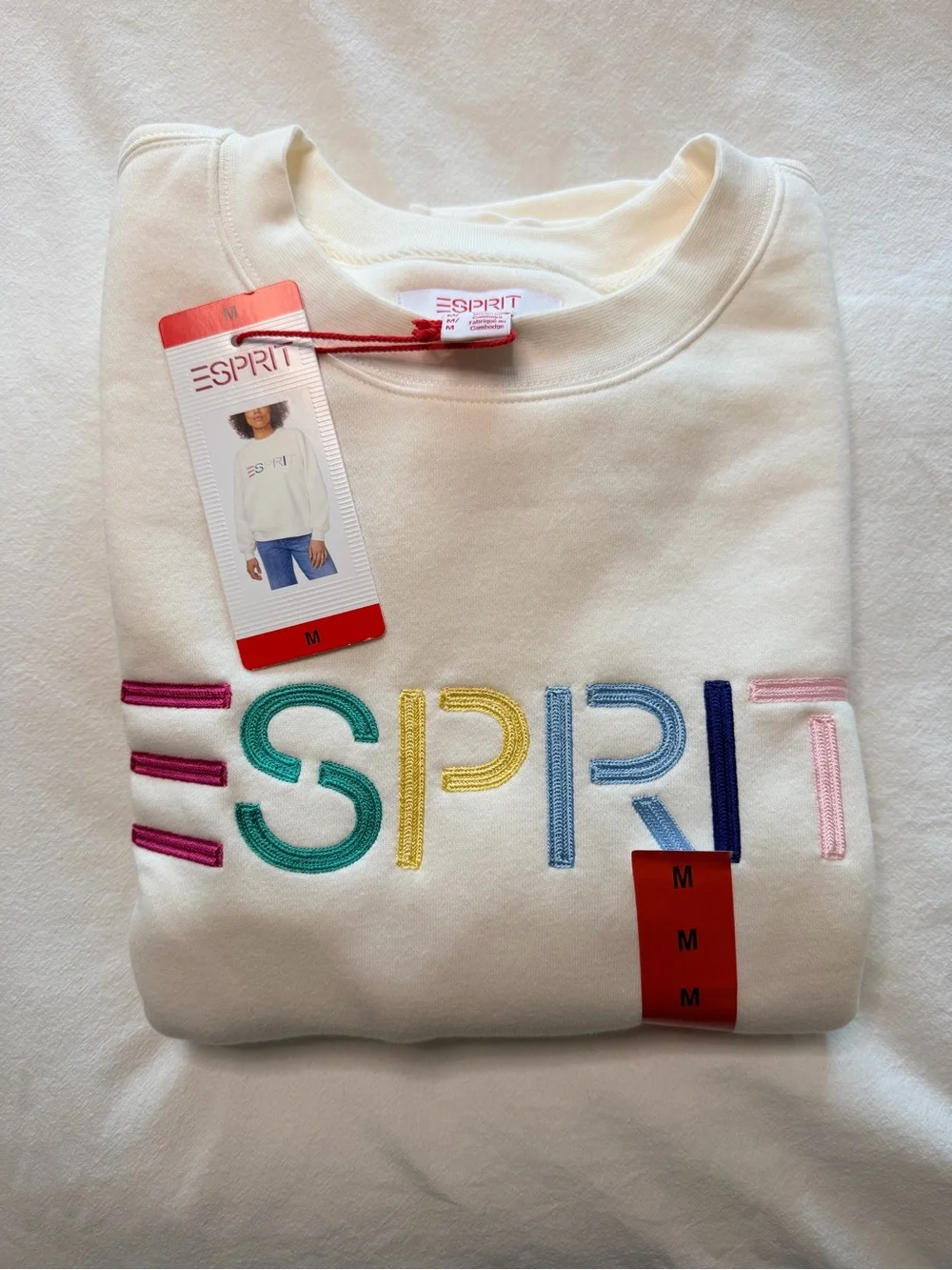 Esprit Costco Women’s Sweatshirt Cream with Rainbow Embroidered Retro Logo